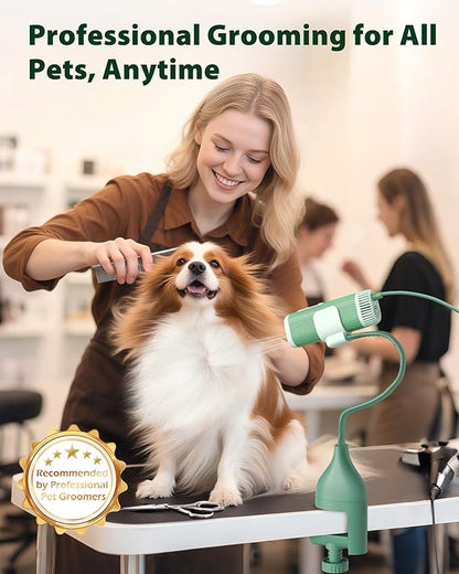 L&amp;W BROS. 2-in-1 Pet Hair Dryer with Clamp Stand – Wearable &amp; Hands-Free Dog Grooming Dryer, 950W Low Noise Blower with 5 Heat &amp; 3 Speed Settings, for Small to Medium Pets (Green)