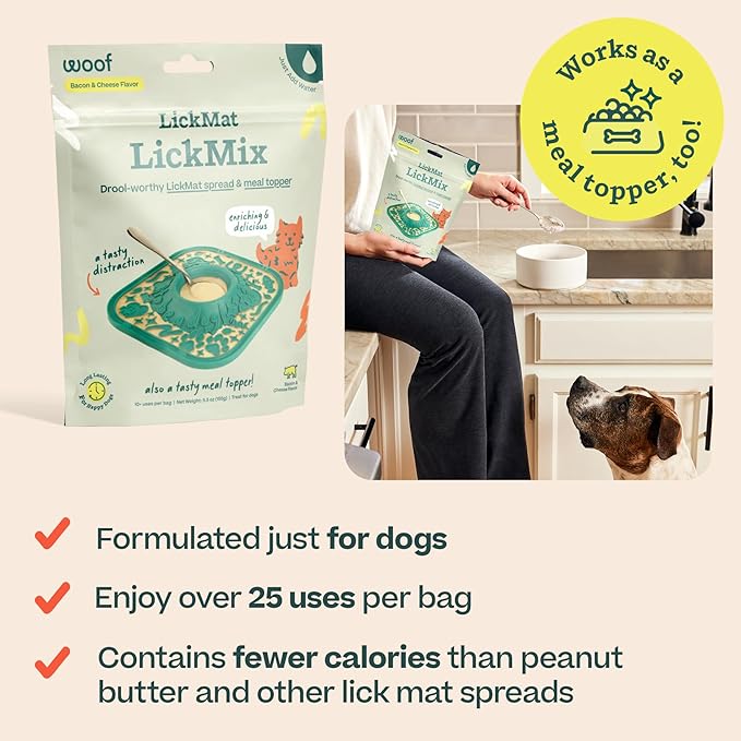 WOOF LickMixes - Dog Lick Mat Spread and Meal Topper - Delicious and Lower Calorie - Made with Wholesome Ingredients - Perfect for Dog Enrichment - Bacon &amp; Cheese