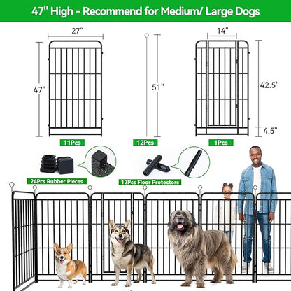 Dog Playpen Outdoor 12 Panels Heavy Duty Dog Fence 47" Height with Thick Pipe Anti-Rust with Doors Portable for RV Camping Yard, Total 27FT, 57 Sq.ft, Snowy Black