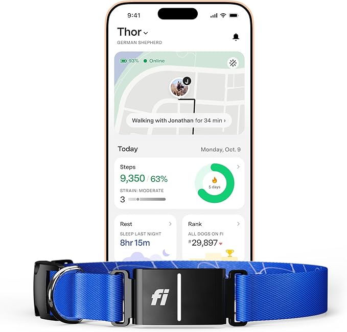 Fi New Series 3+ Smart Dog Tracker Collar – AI GPS for Dogs, Health &amp; Behavior Monitor, Virtual Fence, Escape Alerts, Waterproof, Apple Watch Compatible 12Mo Membership Included