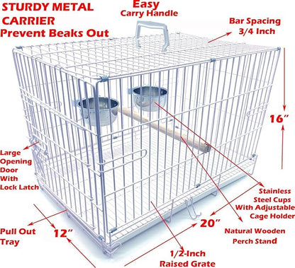 Durable Easy Portable Metal Travel or Veterinary Collapsable Parrot Bird Carrier Beaks Proof Cage with Stainless Steel Feeder Bowls Natural Wooden Perch Stand
