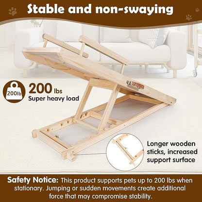 Dog Ramp for Couch, Bed or Car, Wooden 44" Long Pet Stairs for Small &amp; Large Old Dogs &amp; Cats, Hold up to 200lb, 5 Adjustable Height from 14.96" to 22", Portable Doggie Steps, Excellent Traction