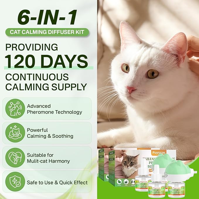 Cat Calming Diffuser with Three Timing Functions, 6-in-1 Cat Pheromones Calming Diffuser Kit, 120-Day Anxiety Relief, Stress Reduction &amp; Relaxation for All Cats (2 Diffusers + 4 Refills)