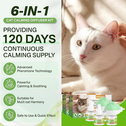 Cat Calming Diffuser with Three Timing Functions, 6-in-1 Cat Pheromones Calming Diffuser Kit, 120-Day Anxiety Relief, Stress Reduction &amp; Relaxation for All Cats (2 Diffusers + 4 Refills)