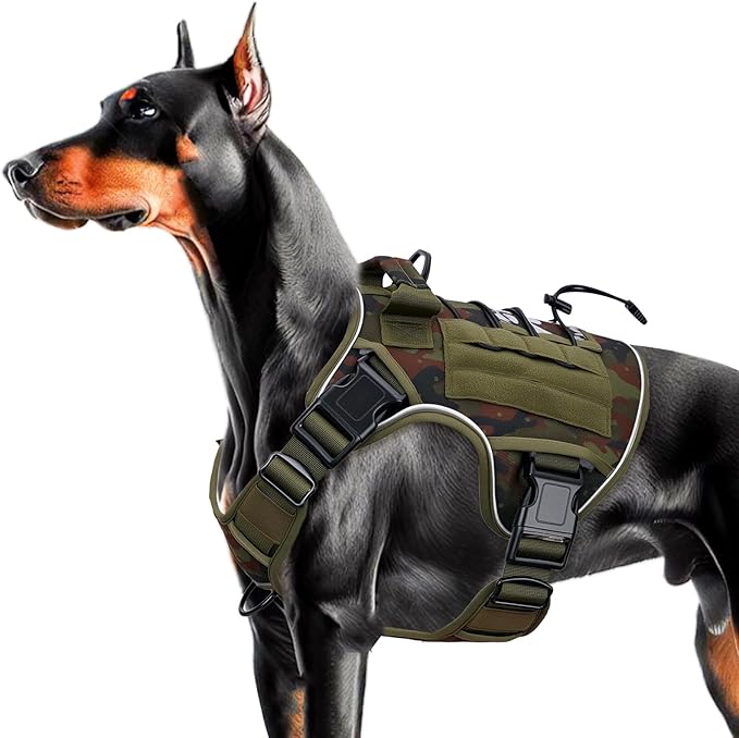 Heavy-Duty Tactical Dog Harness for Large Dogs, No Pull Adjustable Reflective Pet Vest with Molle System, K9 Military-Grade Control for Service Training, Outdoor &amp; 10+ Breeds, Green Camo, Large