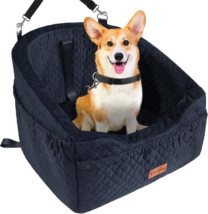 Vivifying Dog Car Seat for Small &amp; Medium Dogs, Detachable &amp; Washable Booster Seat for Pets Up to 30lbs, Travel Bed with Storage Pockets and Safety Belt – Black