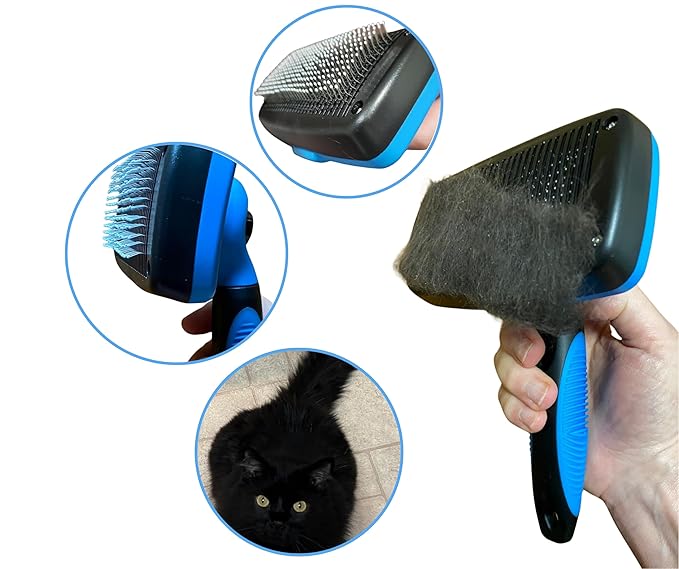 3-in 1 Dog &amp; Cat Grooming Supplies- Self-cleaning Slicker Brush, Deshedding Rake Comb, And Finger Toothbrush For Dogs &amp; Cats | Perfect For Pet Grooming Kit, Dematting And Dental Tool (blue)