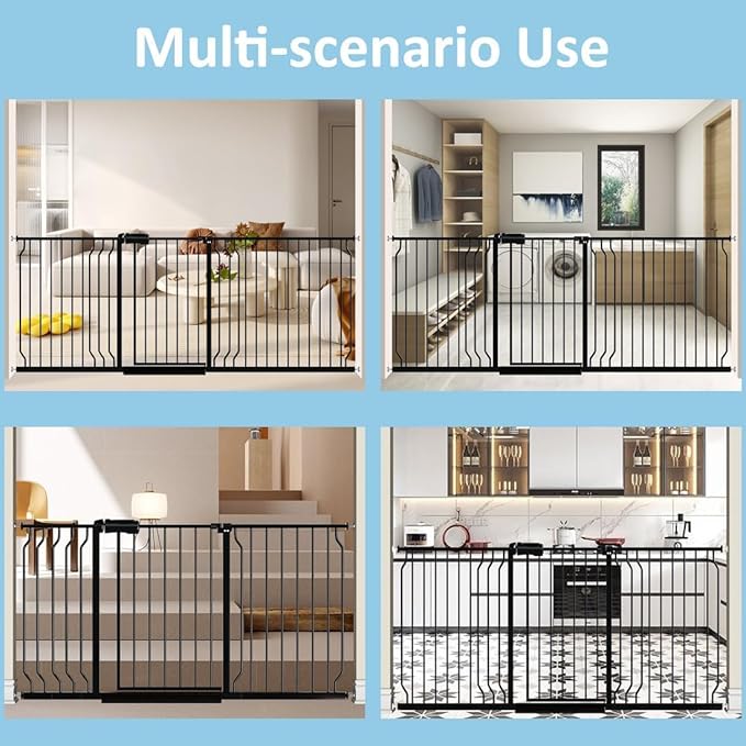 62.2"-71.65" Extra Wide Auto Closing Baby Safety Gate for Stairs &amp; Doorways, Pressure Mounted No Drill Pet Gate with Walk-Through Door - Heavy Duty Childproof Gate for Toddlers, Kids, Dogs (Black)