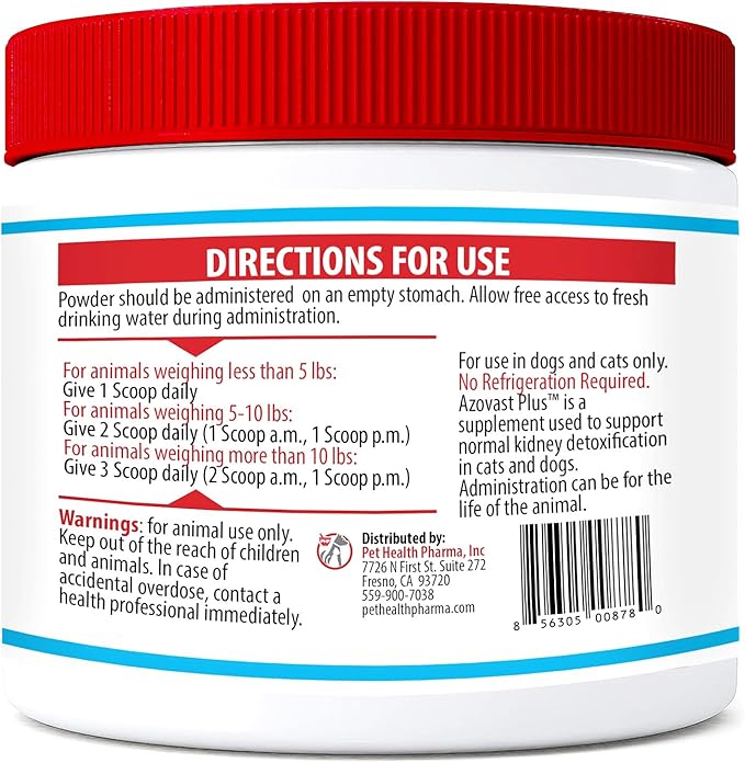 Azovast Plus Kidney Health Supplement for Dogs &amp; Cats, Oral Powder (12 Oz) - (240 Doses/ 2 Jar) NO Refrigeration Required - Help Support Kidney Function &amp; Manage Renal Toxins(U.S.A)(12 Oz (2 Pack))