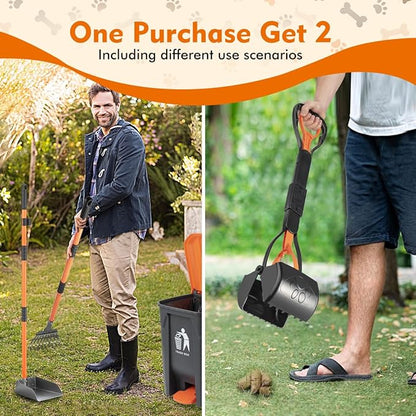 28" Pooper Scooper and 38" Heavy Duty Stainless Steel Rake &amp; Tray Set, 3 in 1 Portable Dog Pooper Scooper Set for Large Medium Small Dogs in Grass, Dirt or Gravel
