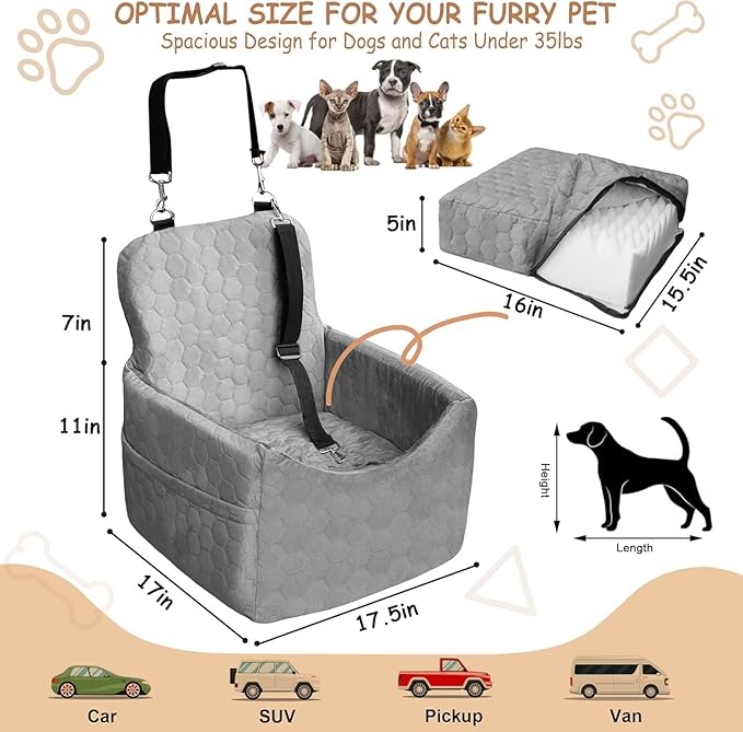 Dog Car Seat for Small/Medium Dogs - Dog Booster Seat with Safety Straps &amp; Non-Slip Base, Travel Pet Car Seat with Storage Pockets, Washable &amp; Removable, Suitable for Dogs Under 35 lbs (Gray)