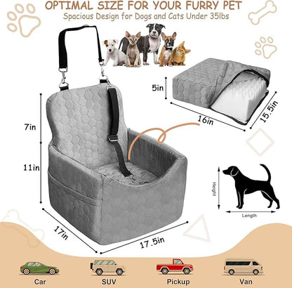 Dog Car Seat for Small/Medium Dogs - Dog Booster Seat with Safety Straps &amp; Non-Slip Base, Travel Pet Car Seat with Storage Pockets, Washable &amp; Removable, Suitable for Dogs Under 35 lbs (Gray)