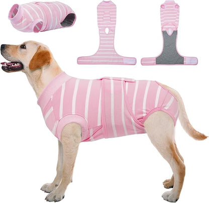 Kuoser Recovery Suit for Dogs After Surgery, Soft Dog Surgery Suit Female Anti Licking Dog Onesie E-Collar &amp; Cone Alternative, Breathable Pet Surgical Recovery Shirt, Pink Strips L