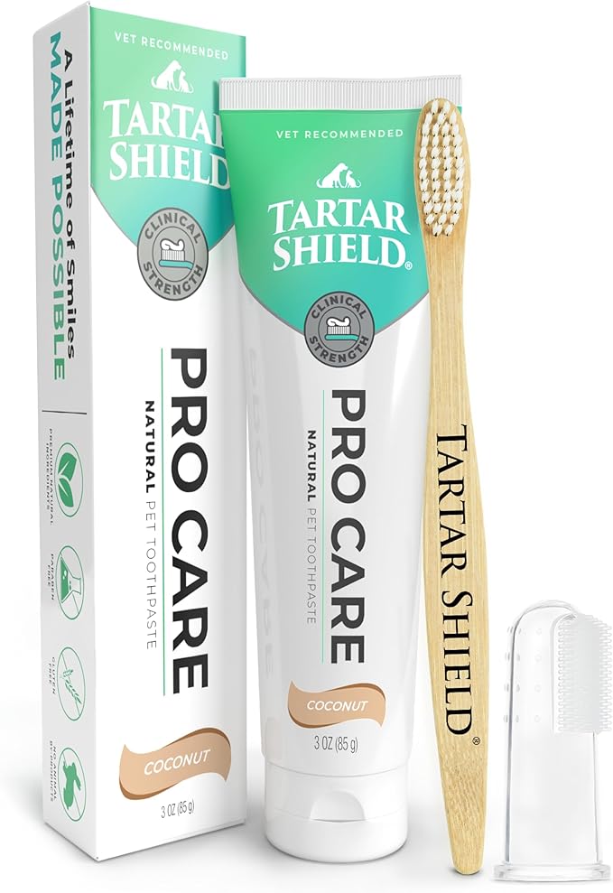 Tartar Shield Pro Care – Natural Enzymatic Pet Toothpaste Kit – Protects Against Plaque &amp; Tartar - Freshens Breath &amp; Removes Stains – Cleans Teeth and Gums – for Dogs &amp; Cats - Coconut Flavor, 3 Oz.