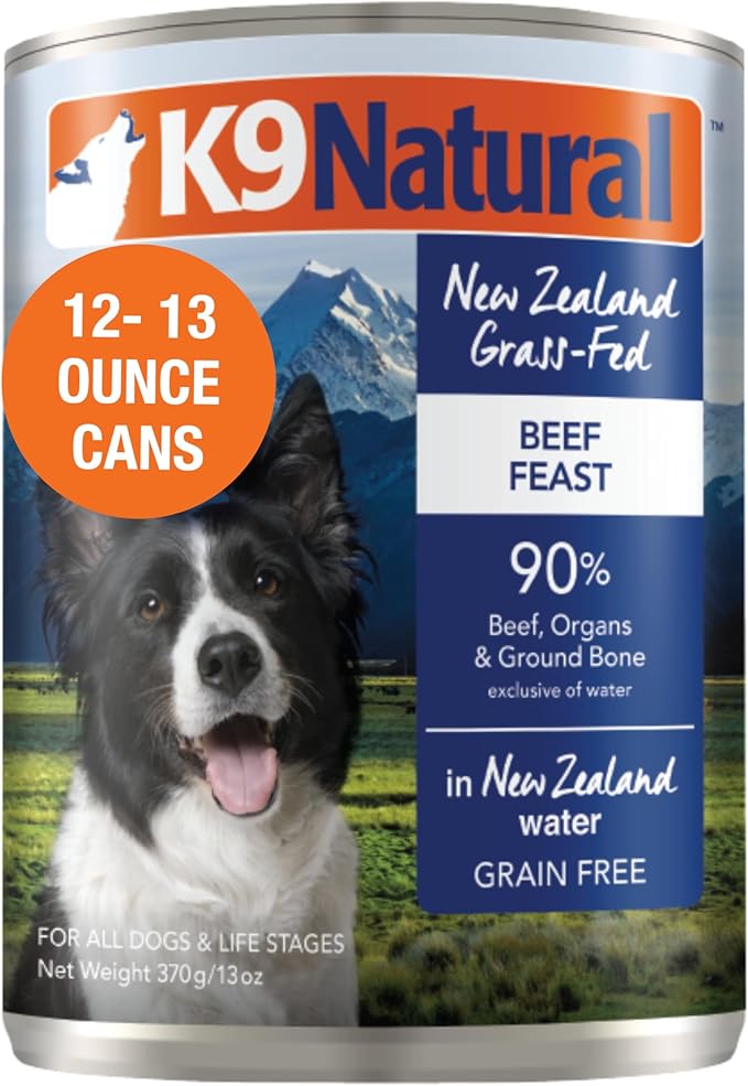 K9 Natural Wet Dog Food Pate, Beef Feast, 13 Oz Cans (Pack of 12), Grain Free, Made in New Zealand with Grass-Fed &amp; Finished Beef, Single Source, Limited Ingredient