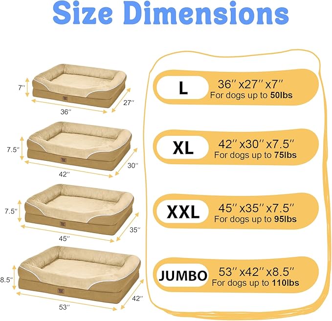 Washable Orthopedic Large Dog Bed - XL Large Dog Bed with Removable Bolsters Cover Foam Support Big Dogs Beds Non-Slip Bottom &amp; Waterproof Pet Beds