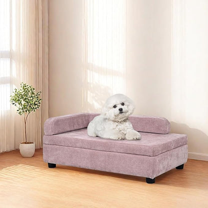 AFBKSS&amp;BB Pet Sofa with Hidden Storage for Puppy and Cat,Linen Fabric Dog Sofa,Cat Couch with Wooden Frame (Pink)