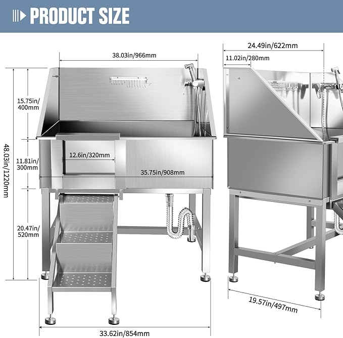 38" Dog Washing Station, Professional Stainless Steel Dog Bathing Station, Equipped with Three Anti-Slip Steps, Removable Door, Upgraded Spray Nozzle&amp;Hose - Ideal for Home, Pet Grooming Salon,L-RAMP