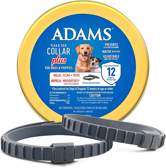 Adams Flea &amp; Tick Collar Plus for Dogs &amp; Puppies |2 Pack |12-Month Protection |One Size Fits All Dogs &amp; Puppies 12 Weeks and Older |Kills Fleas and Ticks |Repels Mosquitoes (excluding California)