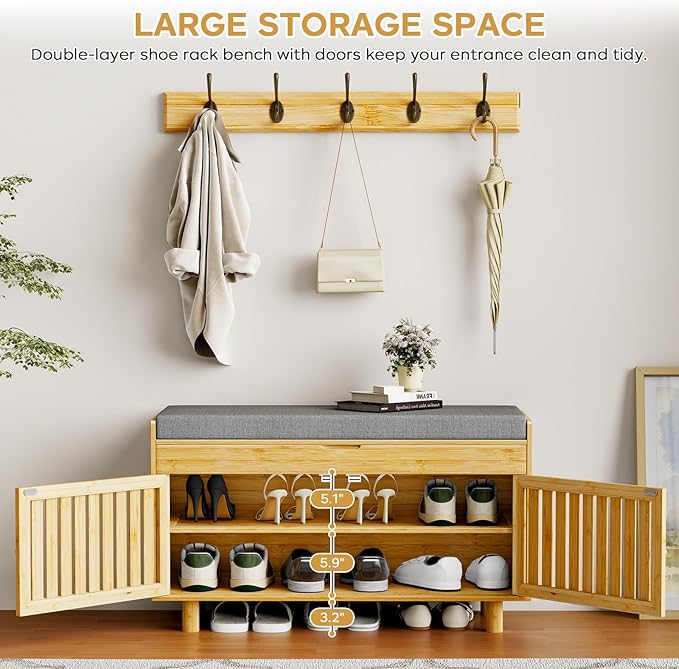 Coat Rack Shoe Bench Set, Bamboo Shoe Storage Bench with Seat Cushion &amp; 5 Hooks, Hall Tree Entryway Bench with Lift Top Hidden Storage, 35.4" W x 12.6" D x 19.7" H, for Entryway, Living Room, Bedroom
