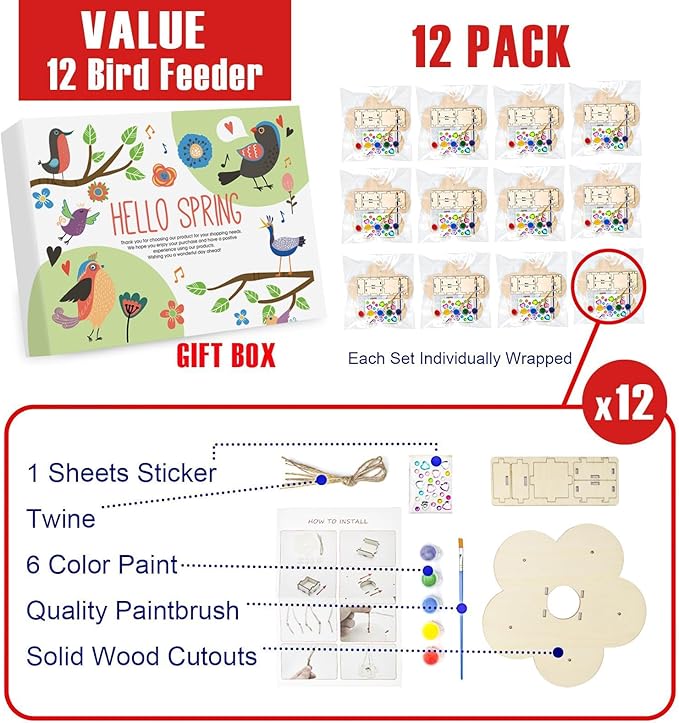 12 Pack Bird Feeder Craft Kits for Kids Ages 3-5 4-8 8-12, DIY Wooden Art Painting Outdoor Bulk Toys for Boys &amp; Girls, Easter Christmas Gifts, Party Favor Gifts for Nature Loving Children