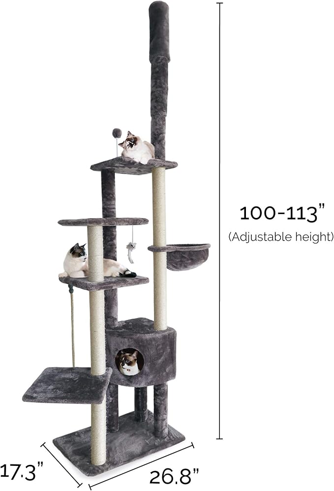 Furhaven 100"-113" Tall Cat Tree for Indoor Cats w/ Adjustable Height, Ft. Sisal Scratching Posts, Condo, &amp; Toys - Tiger Tough Skyscraper Interactive Playground Tower - Gray, One Size