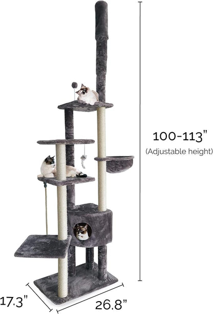 Furhaven 100"-113" Tall Cat Tree for Indoor Cats w/ Adjustable Height, Ft. Sisal Scratching Posts, Condo, &amp; Toys - Tiger Tough Skyscraper Interactive Playground Tower - Gray, One Size