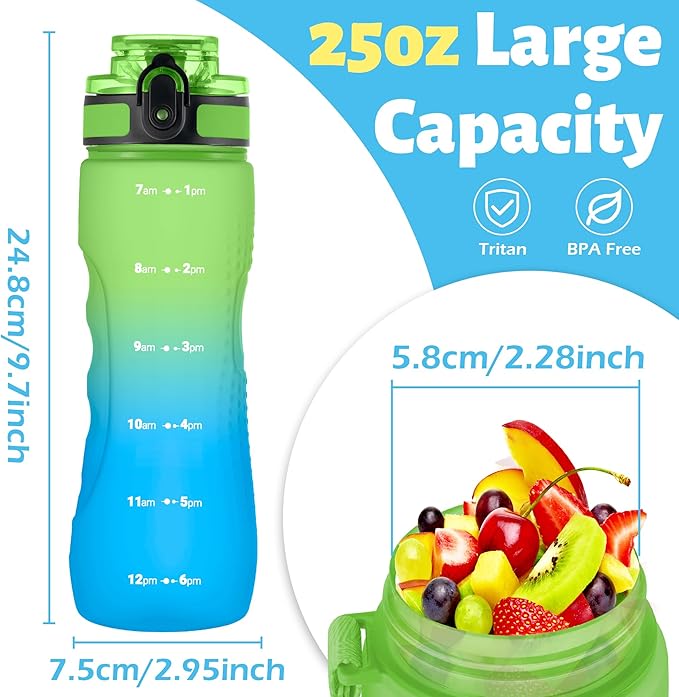 OLDLEY 25 oz Water Bottle, Motivational Water Bottle with Time Marker, Sports Water Bottle With Strap, Leakproof &amp; BPA Free Large Water Bottles for School, Gym, Travel, Outdoor, Tritan,Green&amp;Blue