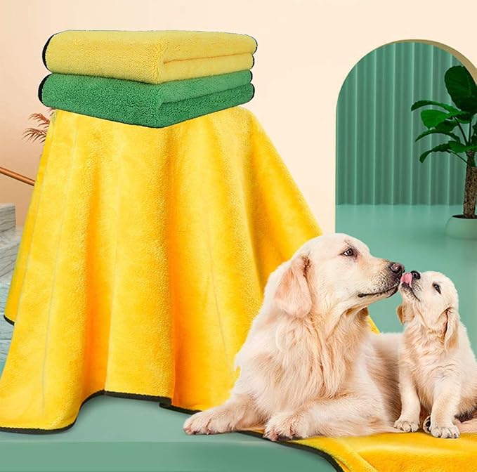 2 Pack Dog Towels Super Absorbent Pet Bath Towel Microfiber Dog Drying Towel for Small Dogs and Cats, Machine Washable, 11.8Inch x 23.6Inch, Yellow-Grey &amp; Green-Grey