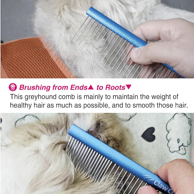 7.5" Greyhound Oval Grooming Comb – Blue Aluminum Spine, Stainless Steel Teeth Comb for Long-Haired Dogs &amp; Cats, Removes Mats, Tangles, and Loose Fur – Lightweight for Long Time Deshedding