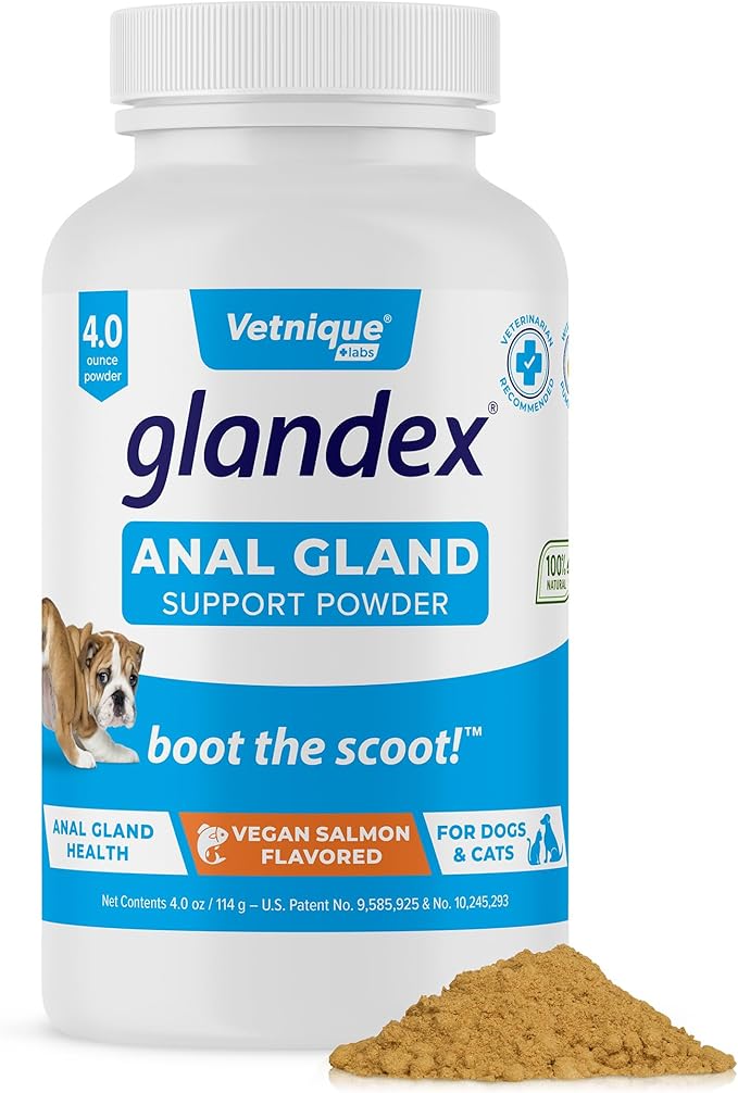 Vetnique Labs Glandex Dog Fiber Supplement Powder for Anal Glands with Pumpkin, Digestive Enzymes &amp; Dog Probiotics for Digestive Health - Vet Recommended - Boot The Scoot (Vegan Salmon, 4.0oz Powder)