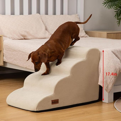 4-Step Dog Stairs and Ramp for Beds or Couches,Non-Slip Sturdy Pet Steps for Small Dogs and Cats,17.4" H,Beige
