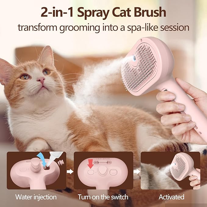 L&amp;W BROS. Steam Grooming Brush for Shedding and Detangling – Self-Cleaning Steamy Pet Brush with Mist Spray for Long-Haired Cats and Small Dogs (Pink)