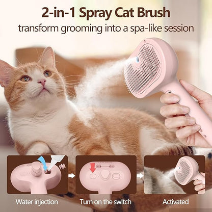 L&amp;W BROS. Steam Grooming Brush for Shedding and Detangling – Self-Cleaning Steamy Pet Brush with Mist Spray for Long-Haired Cats and Small Dogs (Pink)