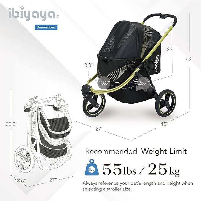 ibiyaya The Beast Pet Jogging Stroller for All Terrains, 3-Wheel Dog Carrier with Double Breaks, Zipperless Large Stroller for Running &amp; Hiking, Multiple Small Dogs, Medium Dogs, or Cats (Jet Black)
