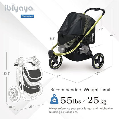ibiyaya The Beast Pet Jogging Stroller for All Terrains, 3-Wheel Dog Carrier with Double Breaks, Zipperless Large Stroller for Running &amp; Hiking, Multiple Small Dogs, Medium Dogs, or Cats (Jet Black)