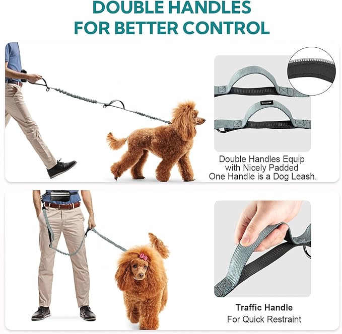 Hands Free Dog Leash with Pouch, Adjustable Waist Belt with Double Padded Handles, Waist Leash for Dog Walking, Dog Leash with Bungee for Medium &amp; Large Dog, Dog Walking Accessories, Olive