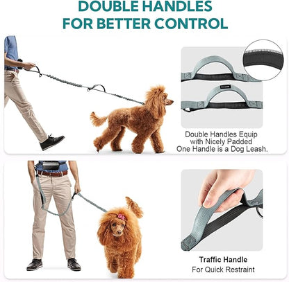 Hands Free Dog Leash with Pouch, Adjustable Waist Belt with Double Padded Handles, Waist Leash for Dog Walking, Dog Leash with Bungee for Medium &amp; Large Dog, Dog Walking Accessories, Olive