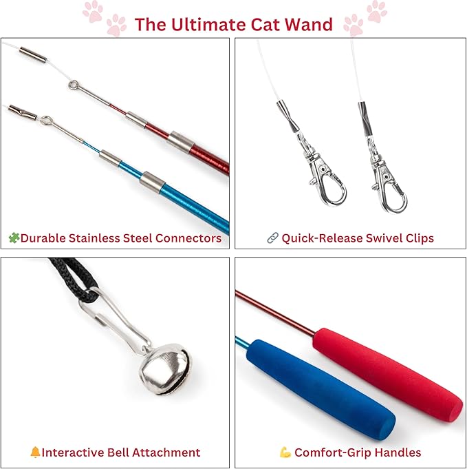 PAWSITIVE Interactive Cat Toys - Retractable Feather Wand with Refill Set 12PCS - Perfect for Indoor Cats to Chase, Exercise &amp; Bond with Their Owners