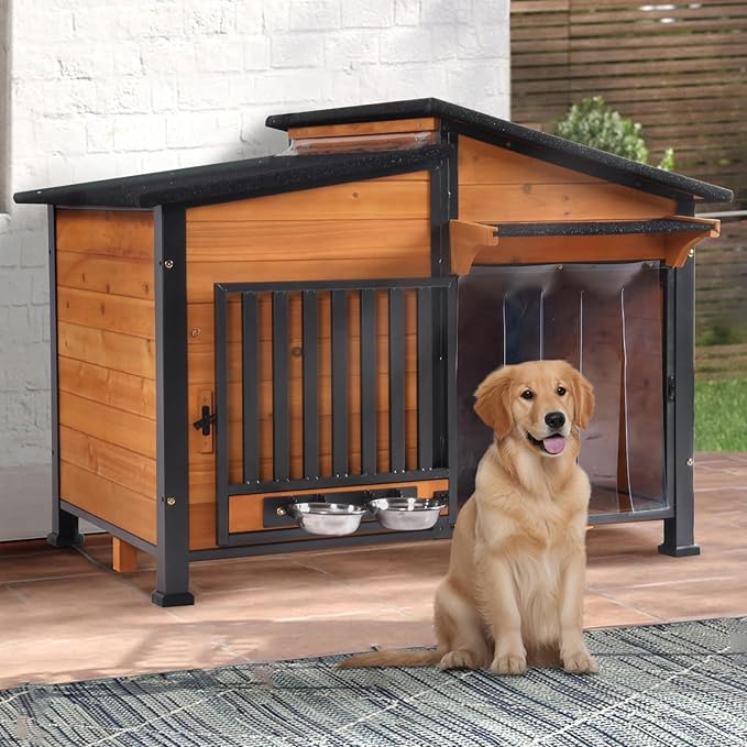 Chew-Resistant Dog House with Metal Frame, Wooden Kennel for Indoor &amp; Outdoor Use, Waterproof Roof &amp; Feeding Bowls Included (Wood, L)