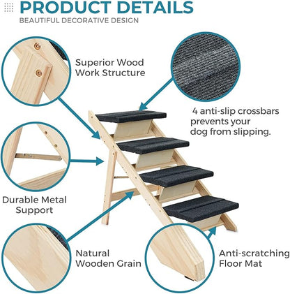 Wood Pet Stairs/Pet Steps for All Dogs and Cats - 2-in-1 Foldable Carpeted 4 Tiers Dog Stairs &amp; Ramp Perfect for Beds and Cars - Portable Dog/Cat Ladder Up to 150 Pounds