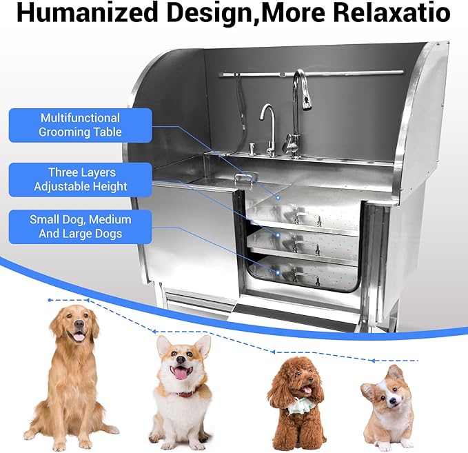 Professional Dog Grooming Tub, 38" Stainless Steel Dog Wash Station with Ramp, Storage Drawer, Floor Grate &amp; Faucet/Dog Bathtub for Large, Medium &amp; Small Pets, Right Door