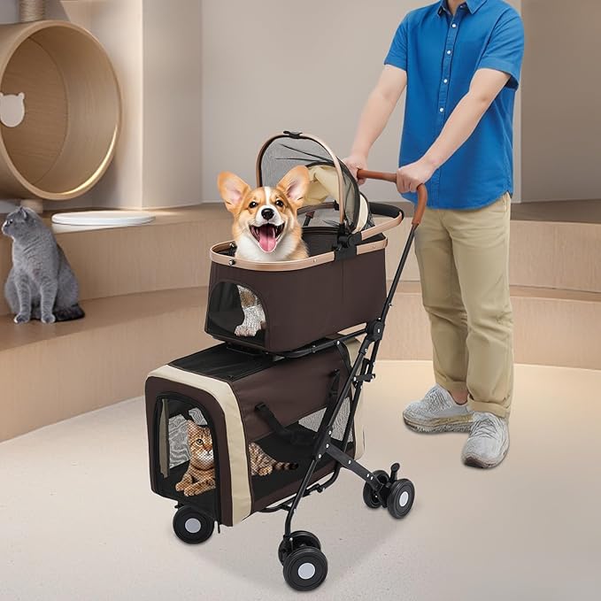 2-Layers Pet Stroller for 2 Cats/Dogs,Foldable Lightweight 77lbs Capacity Carrier, 4 Wheels, Removable Basket &amp; Storage Pocket,for Small Pets (Coffee)