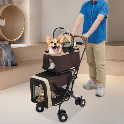 2-Layers Pet Stroller for 2 Cats/Dogs,Foldable Lightweight 77lbs Capacity Carrier, 4 Wheels, Removable Basket &amp; Storage Pocket,for Small Pets (Coffee)