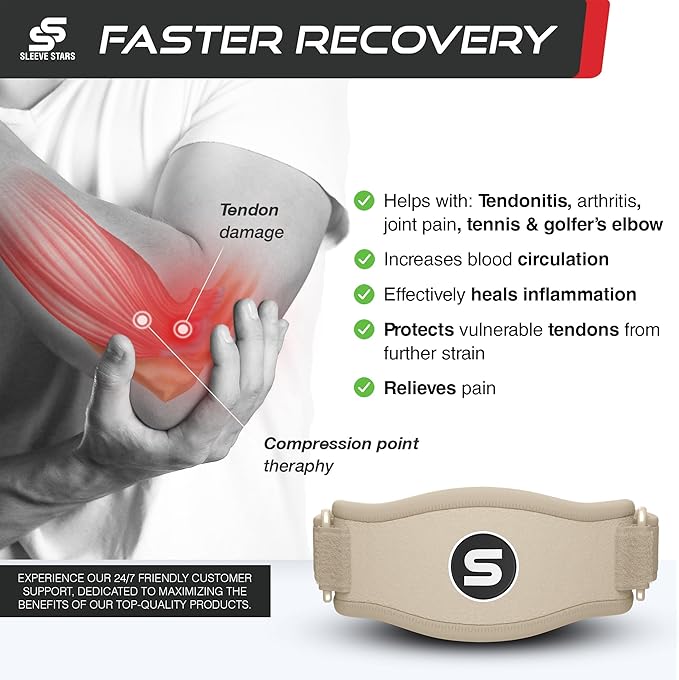 Sleeve Stars Tennis Elbow Brace for Men &amp; Women, Tendonitis Elbow Brace &amp; Strap Golfers Elbow Brace Counterforce Band for Tendon Pain Relief &amp; Support for Forearm w/ 3 Straps Fits 9-23" (Single) (2, Beige, One Size)