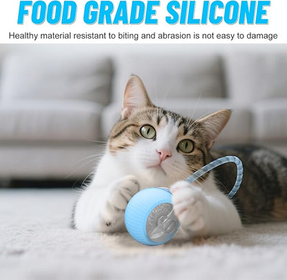 Interactive Cat Toy Ball for Indoor Cats with Mesh Tail &amp; Foils, Automatic Rolling Three Modes Agile Moving Cat Ball to Keep Them Busy Rechargeable, Blue