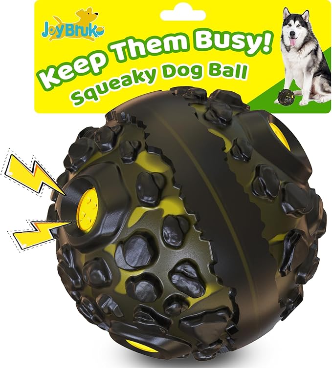 Dog Ball for Aggressive Chewers - Interactive Dog Toy Balls Fun Squeaky Sound to Keep Them Busy, Durable for Small Medium Large Breeds, Rubber Pet Chew Toys, As Seen on TV, Black &amp; Yellow