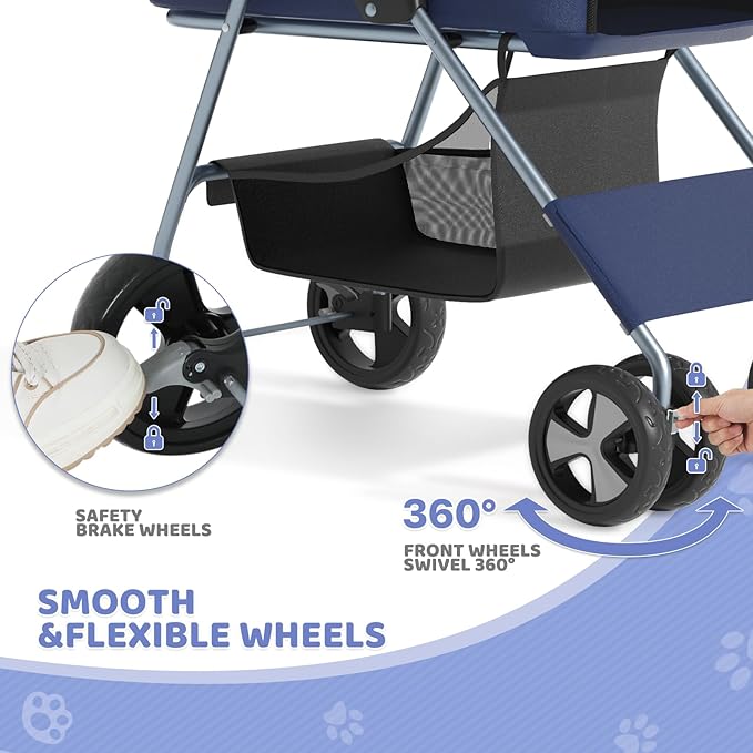 Magshion Foldable Pet Stroller, 3-in-1 Dog Travel Jogger with Detachable Carrier, Cup Holder, Storage Basket, Folding Carrier for Small/Medium Dogs &amp; Cats Up to 33 lbs, Navy Blue
