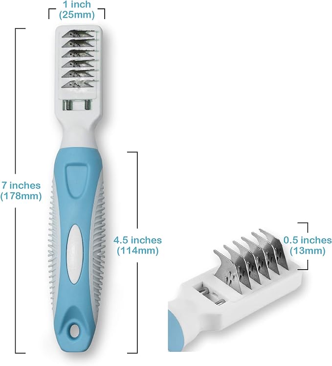 Pets First Professional Pet Mat Remover - Dematting Tool for Grooming Cats &amp; Dogs - Removes Matted Fur, Tangles, Knots, Loose Hair &amp; Dirt - Stainless Steel, Gentle Teeth, Soft Comfort Grip Handle,Blue