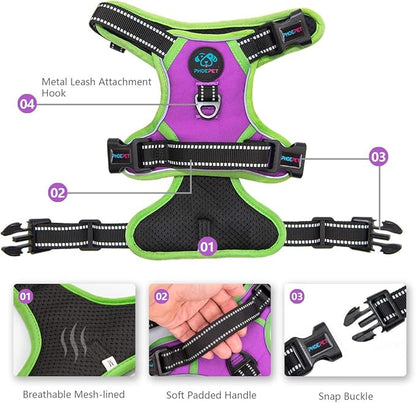 PHOEPET 2019 Reflective Dog Harness Large Breed Adjustable No Pull Vest with with Handle 2 Metal Rings 3 Buckles [Easy to Put on &amp; Take Off](XL, Purple)